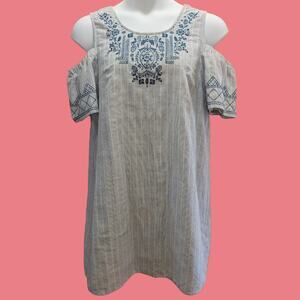 Striped and Embroidered Cold Shoulder Chambray Dress, Size XL